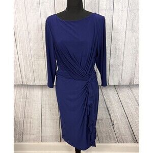 Lauren Ralph Lauren Women's Size 16 Blue Rushed Ruffle 3/4 Sleeve Sheath Dress